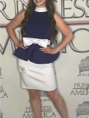 Custom deep purple Peplum top, skirt and pants with White Bow Accent